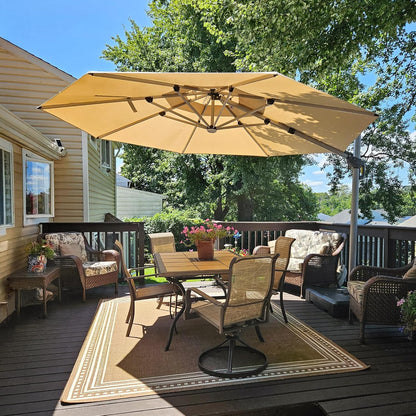 PURPLE LEAF Parasol met led-zonverlichting, zweefparasol, Ø 330 cm, marktscherm, groot, 360 graden rotatie, tuinscherm met zwengel, balkonscherm XXL, zonwering UV50+, beige