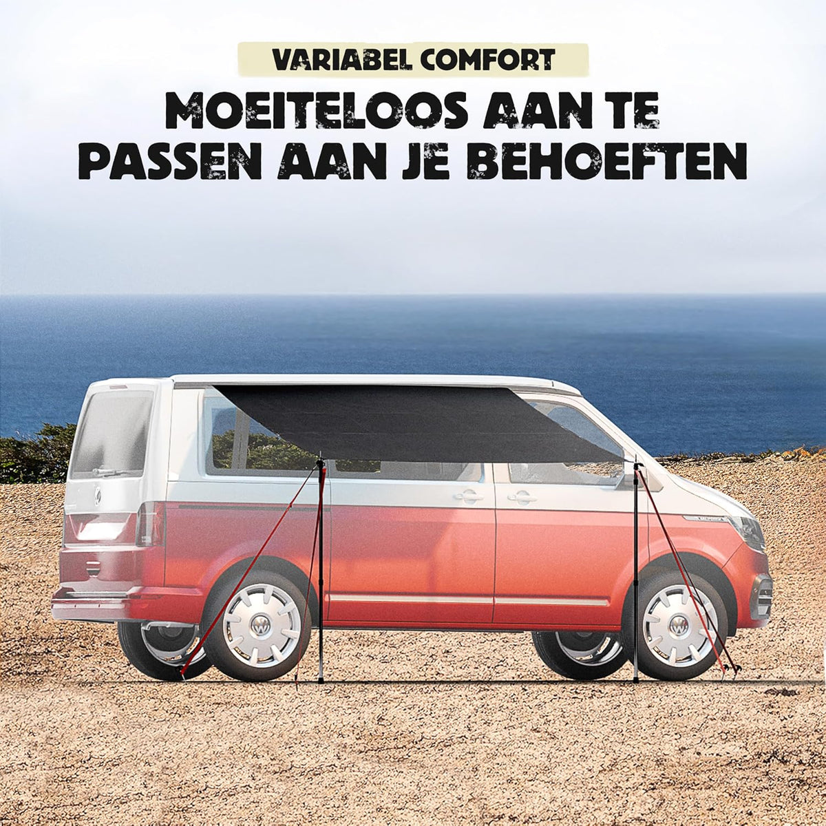 Autoluifel | 2,2 x 2,5 m Zonnescherm met 3 x Keder en 2 x Telescopische Stokken | Zonnescherm Camping Busluifel Auto Camper Keder