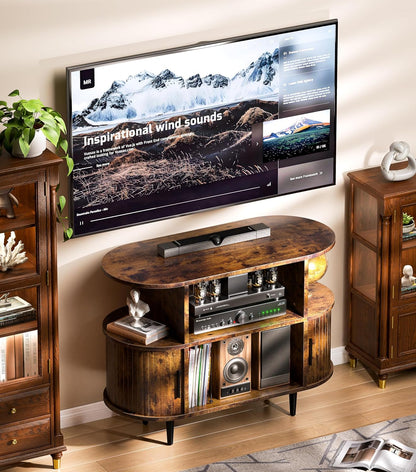 Platenspelerstandaard, vinylplaat kast, tv-kast hout, televisietafel met afgeronde hoeken, tv-standaard met opbergruimte, tv-rek voor televisies tot 165 cm, met schuifdeuren voor woonkamer, bruin