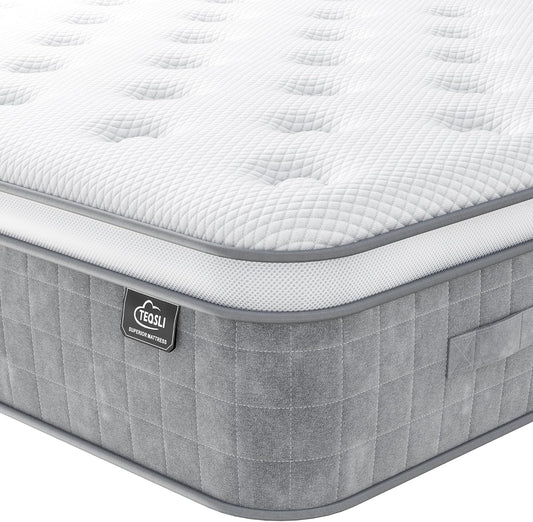 TeQsli Orthopedische tweepersoonsmatras, 25,5 cm (25 cm) met 7 zones, 4FT6 gel traagschuim en pocketvering, hybride tweepersoonsmatras voor druk- en rugpijnverlichting, medium stevig, randsteun, 135 x