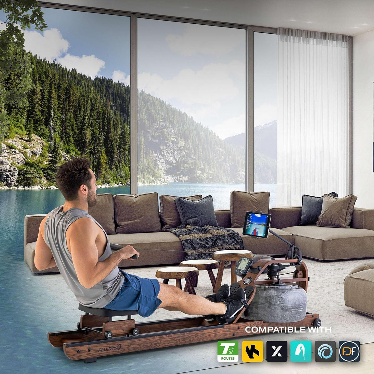 Fluid Rower Viking 3 XL Rowing Machine - 10 Resistance Rowing Machine - Heart Rate Monitor - Water Resistance - Rowing Machine for Home - Color: Walnut - QUORE
