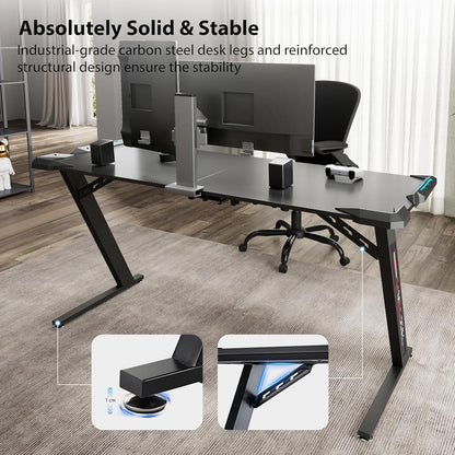 Eureka Ergonomic Gamingtafel, 153 × 60 cm, groot gamingbureau, tafel met ledverlichting, gamer, pc-tafel, desktop op koolstofvezel, gaming computertafel