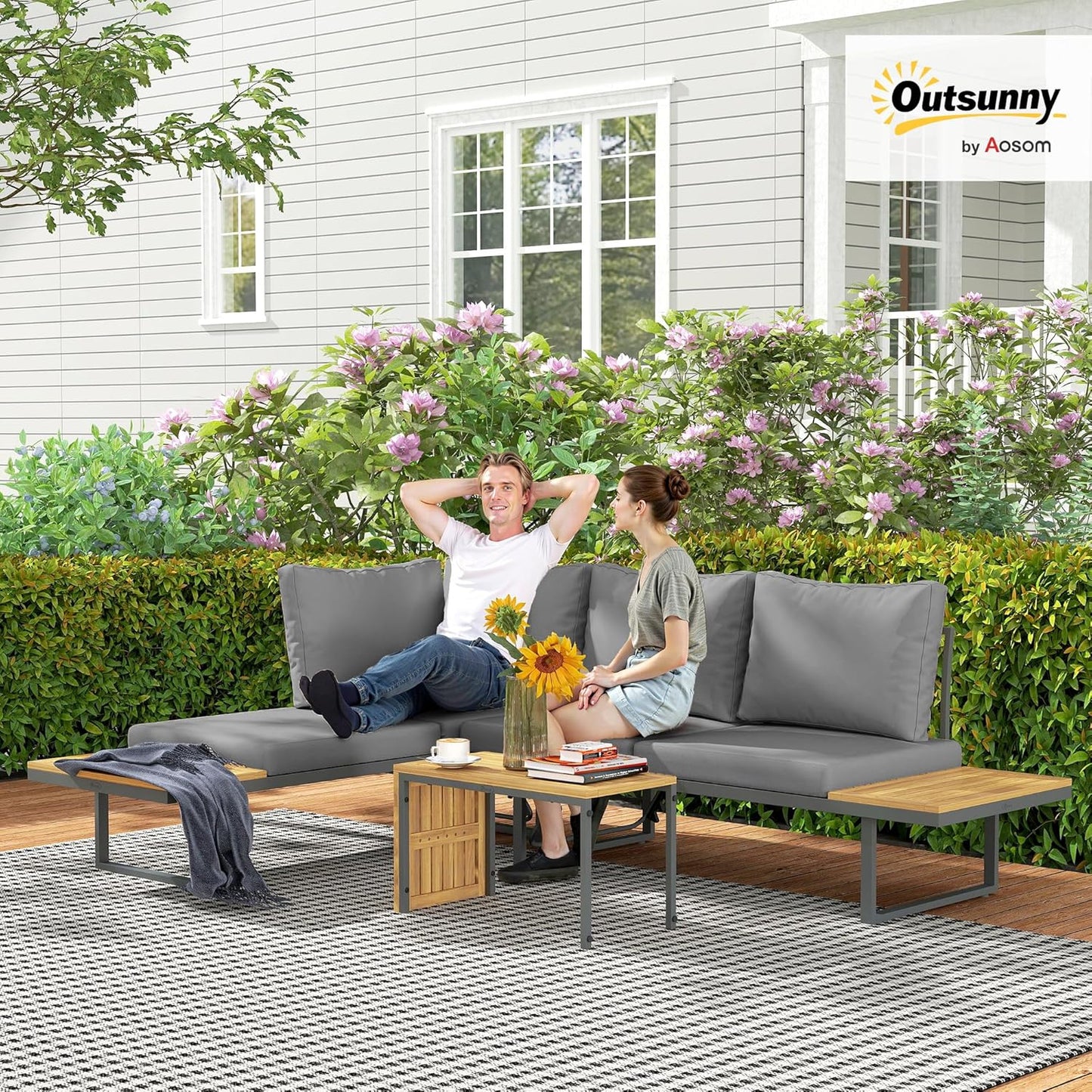 Outsunny Akazienholz Gartenmöbel Set 6 Persons L-Förmig Gartenlounge mit Eckbank verstellbar Rückenlehne Beistelltisch Kissen Balkonmöbel-Set Outdoor Sitzgruppe für Garten Terrasse Balcony Hellgrau - QUORE