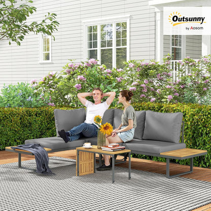 Outsunny Akazienholz Gartenmöbel Set 6 Persons L-Förmig Gartenlounge mit Eckbank verstellbar Rückenlehne Beistelltisch Kissen Balkonmöbel-Set Outdoor Sitzgruppe für Garten Terrasse Balcony Hellgrau - QUORE
