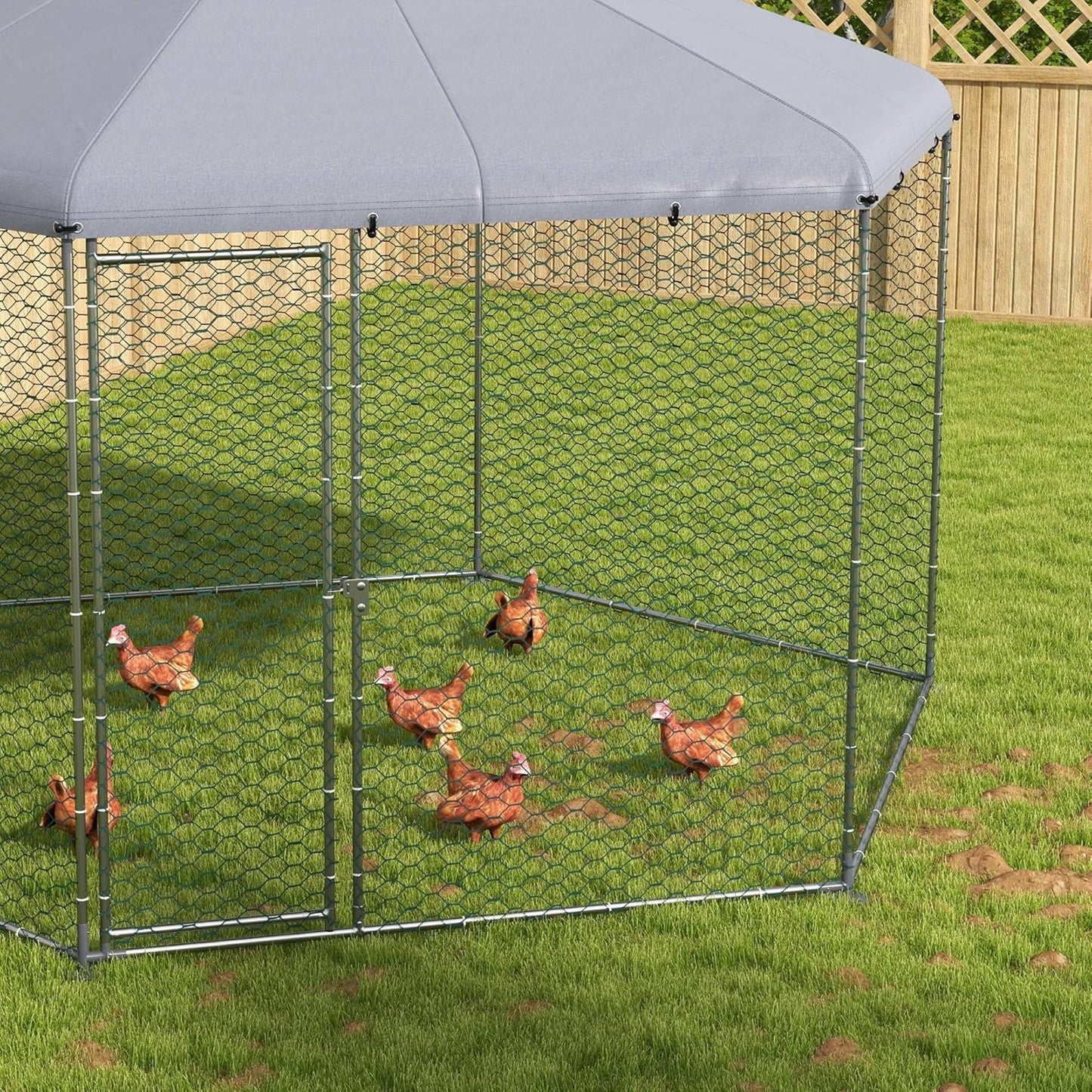 PawHut Hühnerstall 400 x 346 x 263 cm Freilaufgehege aus Stahl, Hühnerkäfig mit Abdeckung, Tür, Hühnergehege für 10-15 Hühner, Kleintiere, Grau - QUORE