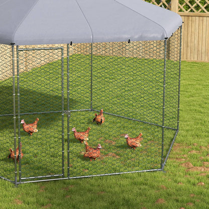 PawHut Hühnerstall 400 x 346 x 263 cm Freilaufgehege aus Stahl, Hühnerkäfig mit Abdeckung, Tür, Hühnergehege für 10-15 Hühner, Kleintiere, Grau - QUORE
