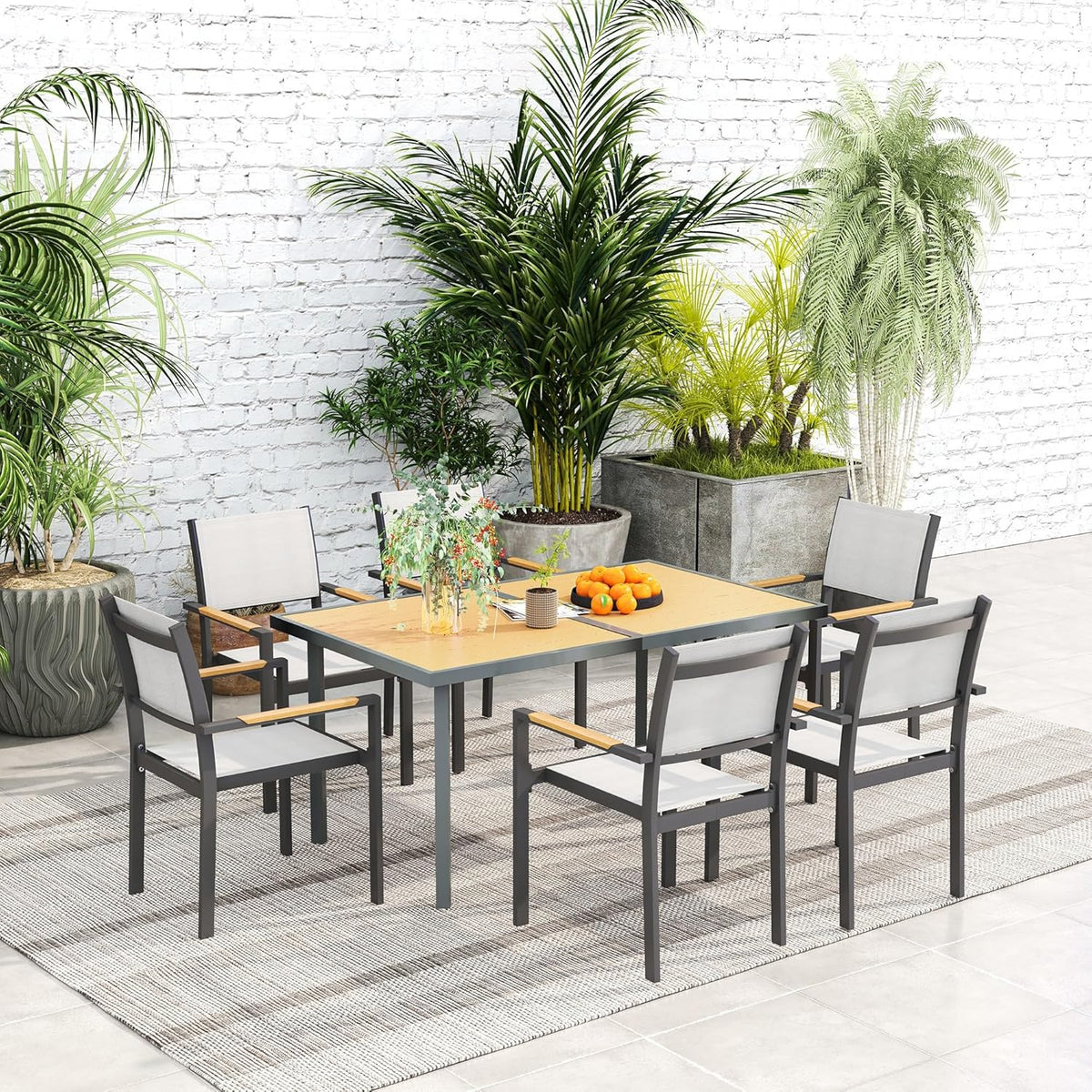 Outsunny Dining Table for 6 People, Garden Table with Rectangular Tabletop in Wood Look, Stainless Steel, for Patio, 150 x 90 x 72 cm, Natural Wood