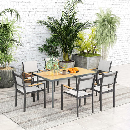 Outsunny Dining Table for 6 People, Garden Table with Rectangular Tabletop in Wood Look, Stainless Steel, for Patio, 150 x 90 x 72 cm, Natural Wood
