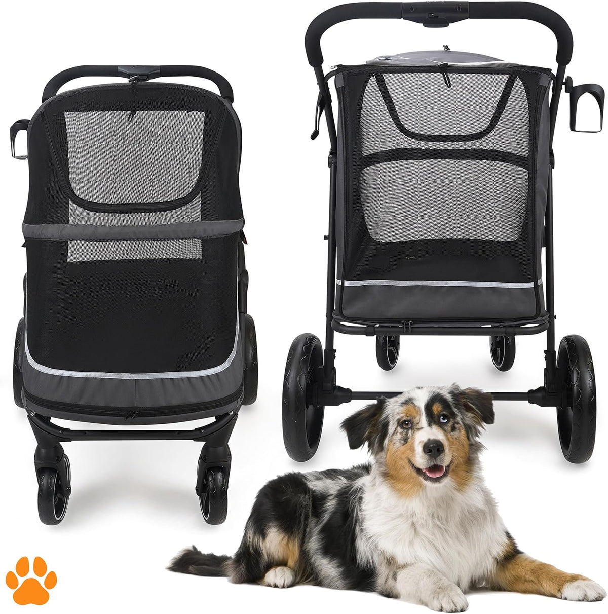 Huisdier wandelwagen CHAMP - XL grote hondenbuggy, huisdierbuggy, ruim, reiswagen huisdier, huisdierkinderwagen, inklapbaar, incl. regenhoes, bekerhouder, opslag, max. belasting 50kg, grijs