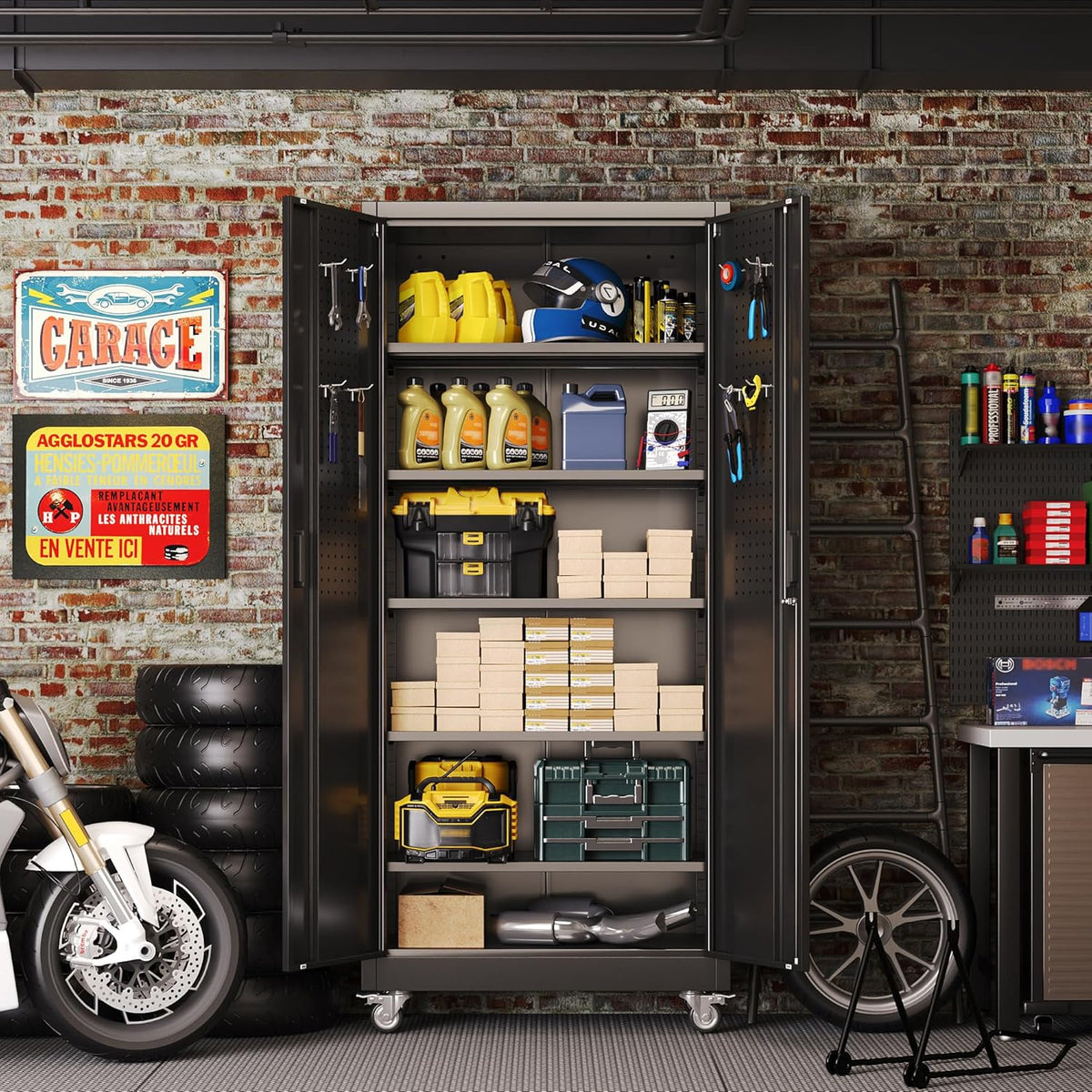 Metalen kast met pegboard en afsluitbare wielen, 5 in hoogte verstelbare planken, plaatstaal poedercoating, stalen kast afsluitbaar voor gereedschap, garage 180 x 80 x 40 cm (zwart)