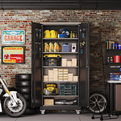 Metalen kast met pegboard en afsluitbare wielen, 5 in hoogte verstelbare planken, plaatstaal poedercoating, stalen kast afsluitbaar voor gereedschap, garage 180 x 80 x 40 cm (zwart)