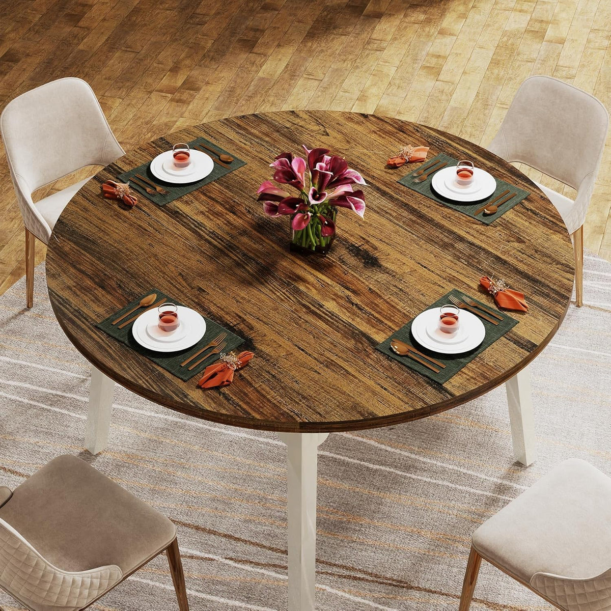Tribesigns 120 cm ronde eettafel voor 4-6 personen, keukentafel met massief houten poten voor woonkamer, keuken, eetkamer, wit en rustiek bruin