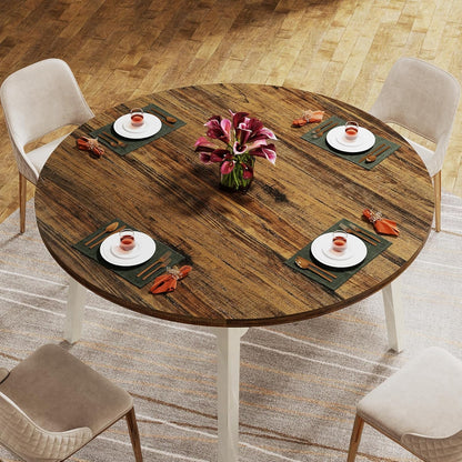 Tribesigns 120 cm ronde eettafel voor 4-6 personen, keukentafel met massief houten poten voor woonkamer, keuken, eetkamer, wit en rustiek bruin