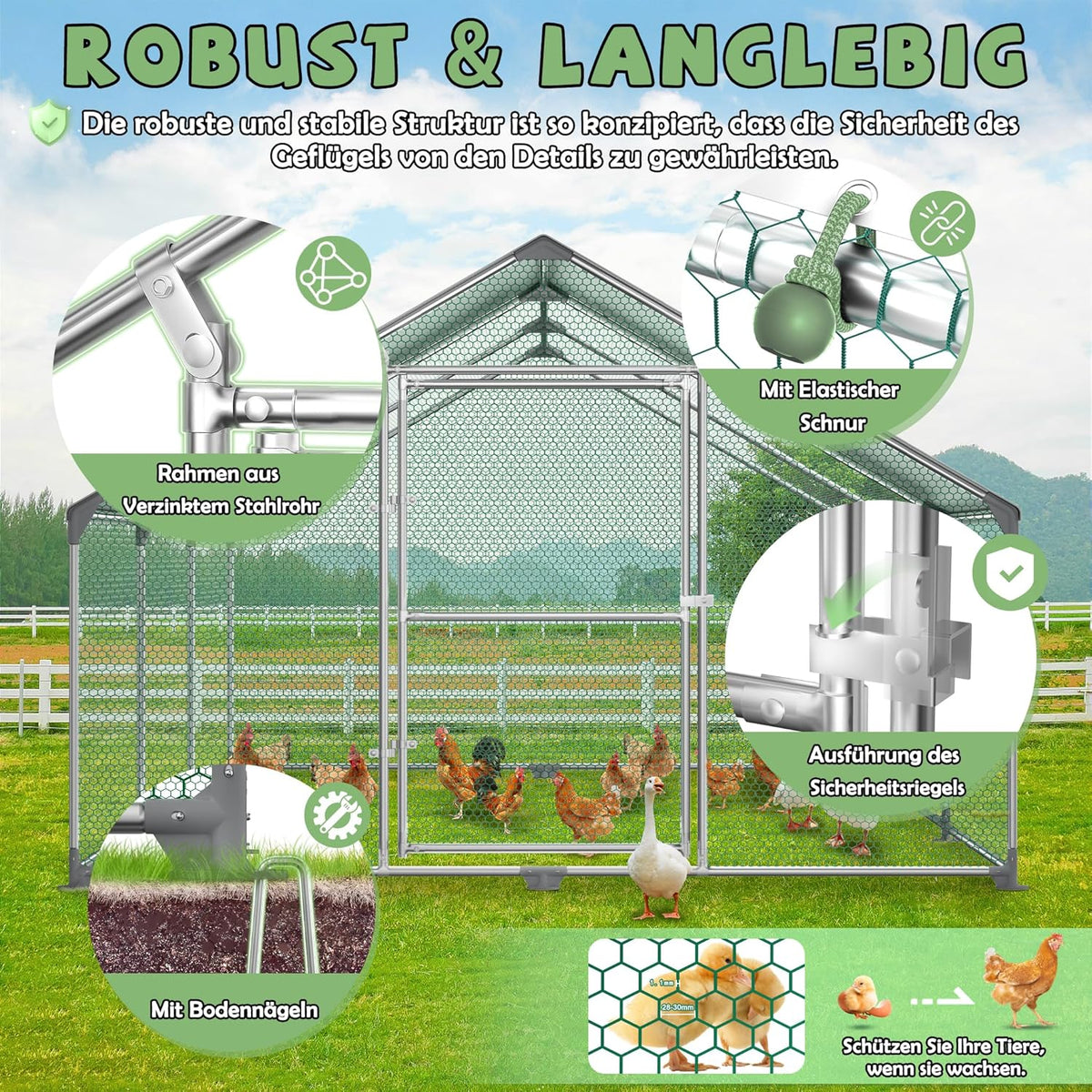 Buitenren Kip – Kippenren – Konijnenhok – Gevogeltekooi – Buitenhok – Verzinkt Stalen Frame – PE Zonnescherm (3x8x2m)
