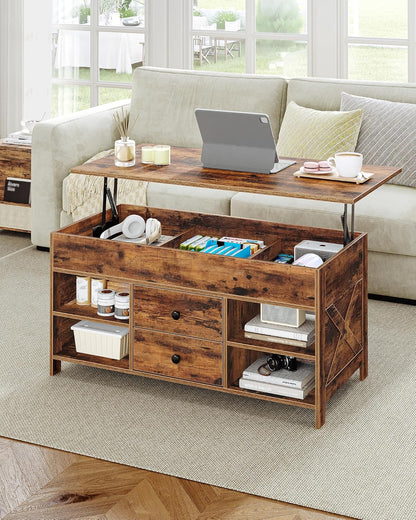 Hzuaneri Coffee Table, Height Adjustable Coffee Table, 2 Drawers and Hidden Storage with Folding Top, 50 x 100 x 47.3 cm, Suitable for Living Room, Dining Room, Vintage Brown-Black CT22101B