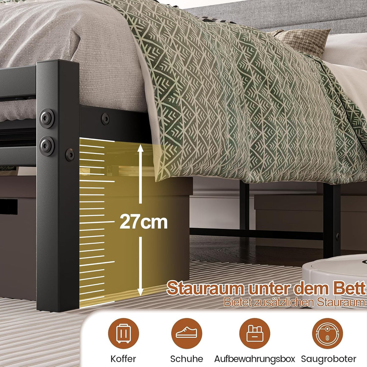Bed 140x200 met lattenbodem, metalen bedframe uit metaal, gestoffeerd bed 140x200 cm tweepersoonsbed, bedframe met hoofdbord, gastenbed Geen boxspringbed vereist, eenvoudige montage, grijs