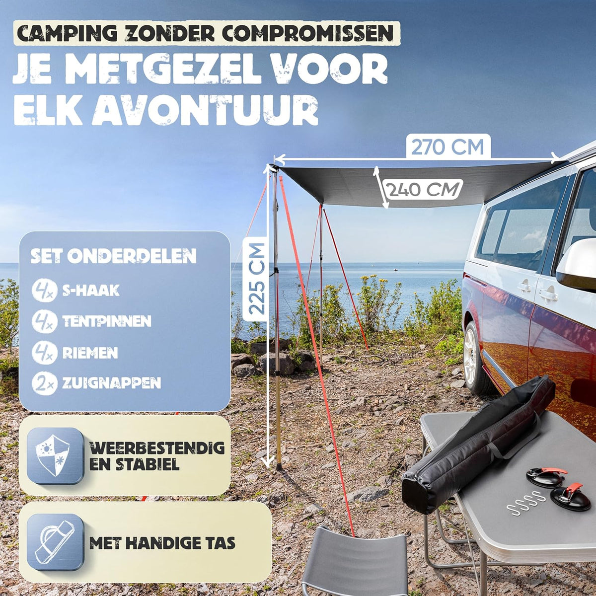 Autoluifel | 2,2 x 2,5 m Zonnescherm met 3 x Keder en 2 x Telescopische Stokken | Zonnescherm Camping Busluifel Auto Camper Keder