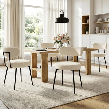 Set van 2 Bouclé Teddy eetkamerstoelen, gestoffeerd, moderne keukenstoelen zonder armleuning en metalen poten, beige, comfortabele gestoffeerde stoelen voor eetkamer en keuken