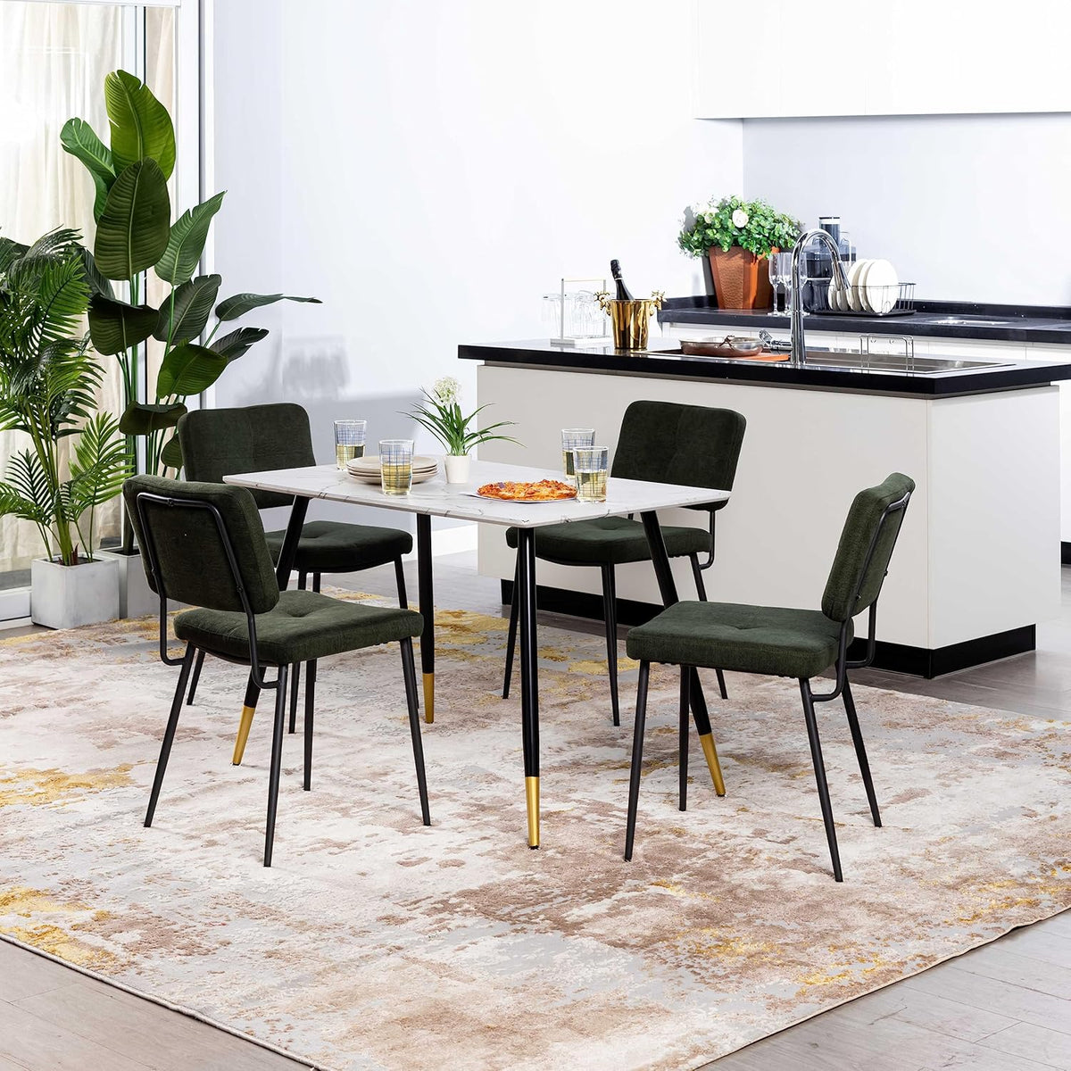 MEUBLE COSY Eetkamerstoelen, set van 2 retro keukenstoelen, ergonomische woonkamerstoel, bureaustoel met rugleuning, zitting van stof, metalen poten, groen, 59,5x45x82cm