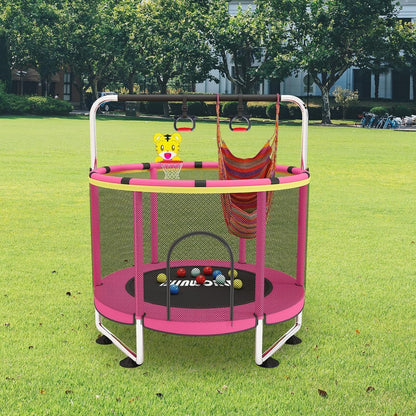 Trampoline voor kinderen, verstelbare baby peuter trampoline met basketbalring, 420 lbs indoor outdoor peuter trampoline met behuizing