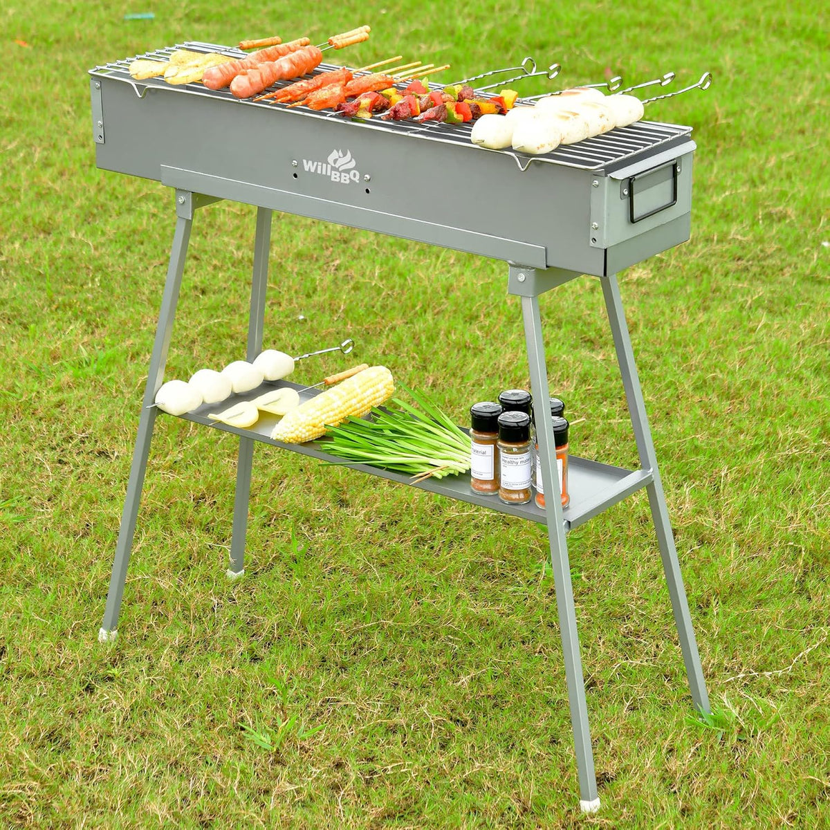WILLBBQ Commerciële kwaliteit draagbare houtskoolgrills meerdere maten Hibachi BBQ lamspies gevouwen camping barbecue grill voor tuin achtertuin feest picknick reizen buiten koken gebruik (80 x 18 x