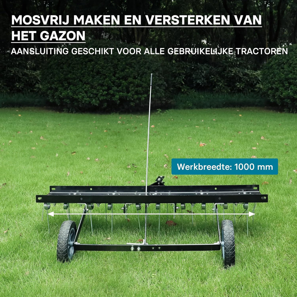 Wiltec verticuteermachine 100 cm voor zitmaaiers, gazonbeluchter met stalen veren en rubberen wielen voor gazontractoren, gazonverticuteermachine voor het beluchten van gazons en als mosverwijderaar