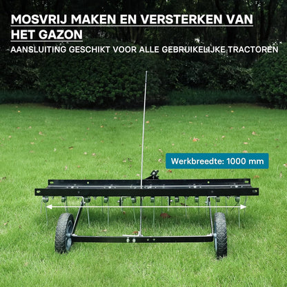 Wiltec verticuteermachine 100 cm voor zitmaaiers, gazonbeluchter met stalen veren en rubberen wielen voor gazontractoren, gazonverticuteermachine voor het beluchten van gazons en als mosverwijderaar