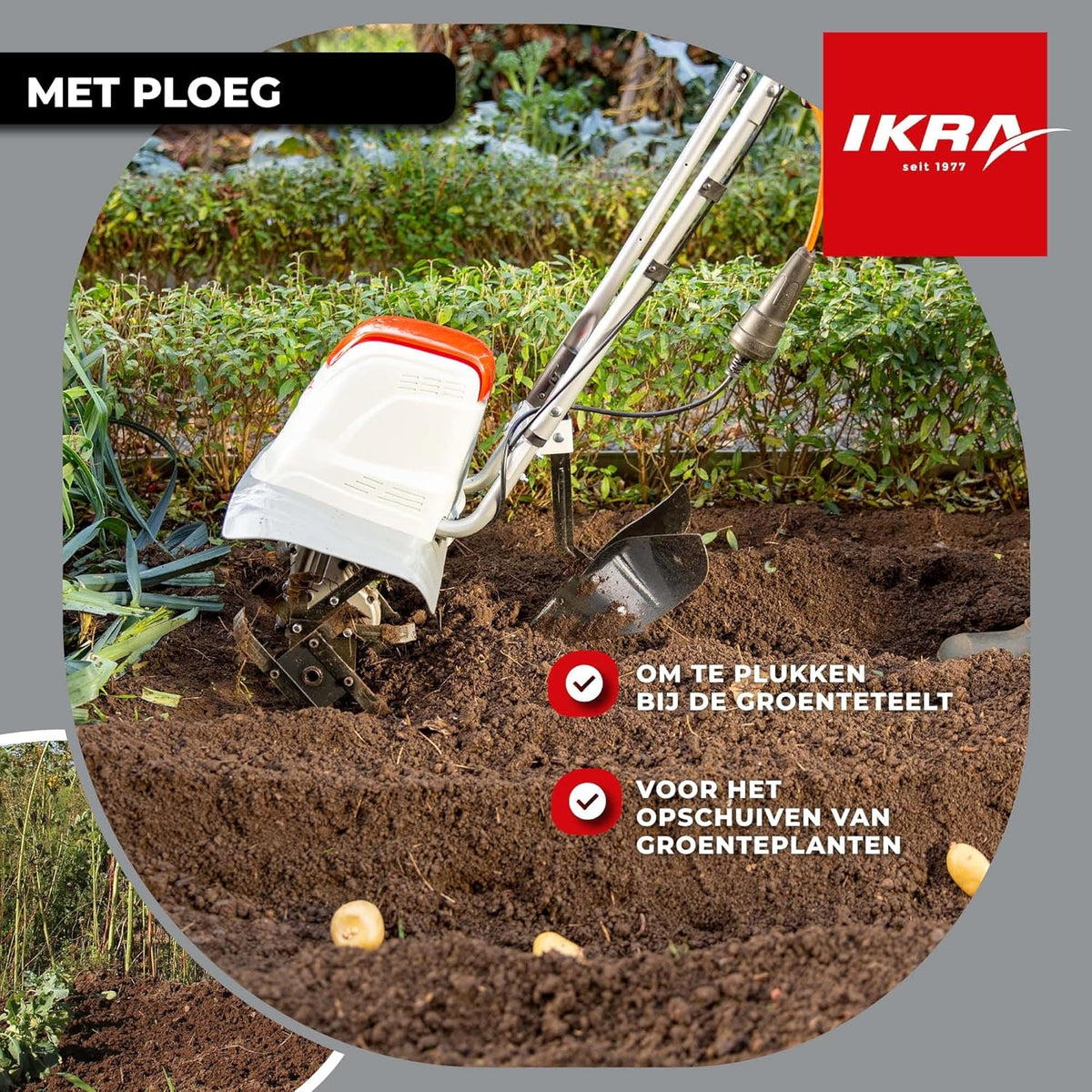 IKRA Elektrische Grondfrees Cultivator FEM 1500, flexibele werkbreedte 17-45 cm, incl. schoffelploeg (monteerbaar)