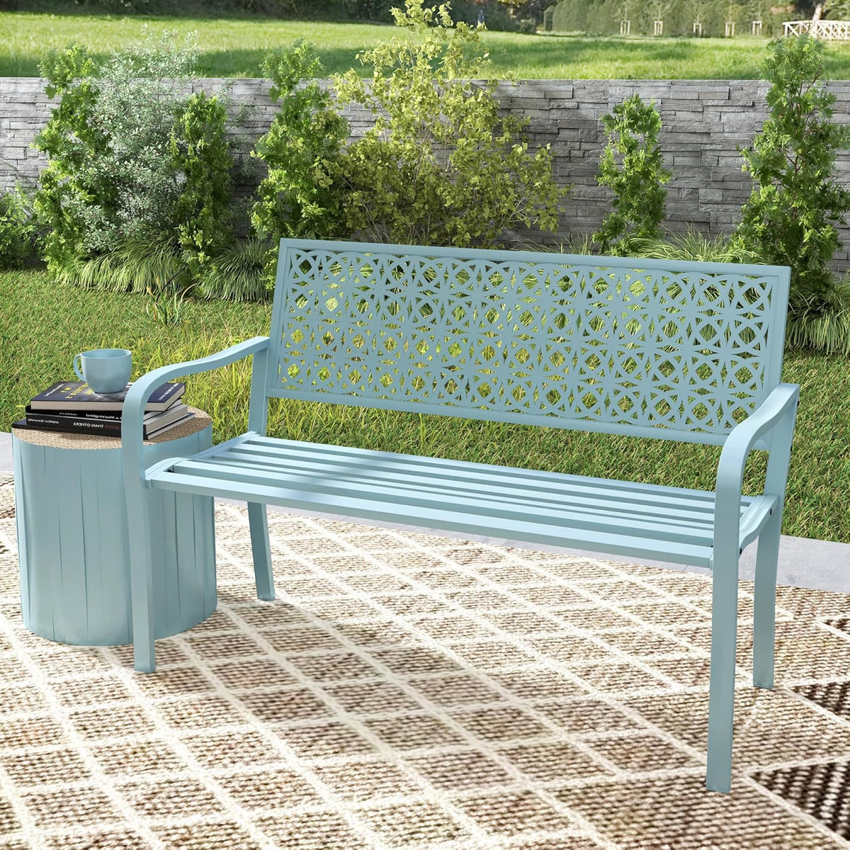 Outsunny 2-Sitzer Gartenbank, wetterfest Sitzbank, Gartenmöbel mit Rücken- & Armlehnen, Park bench 240 kg load bar, Balcony Bench for Balcony Terrasse, Garten, 127 x 63 x 85 cm, Blau - QUORE