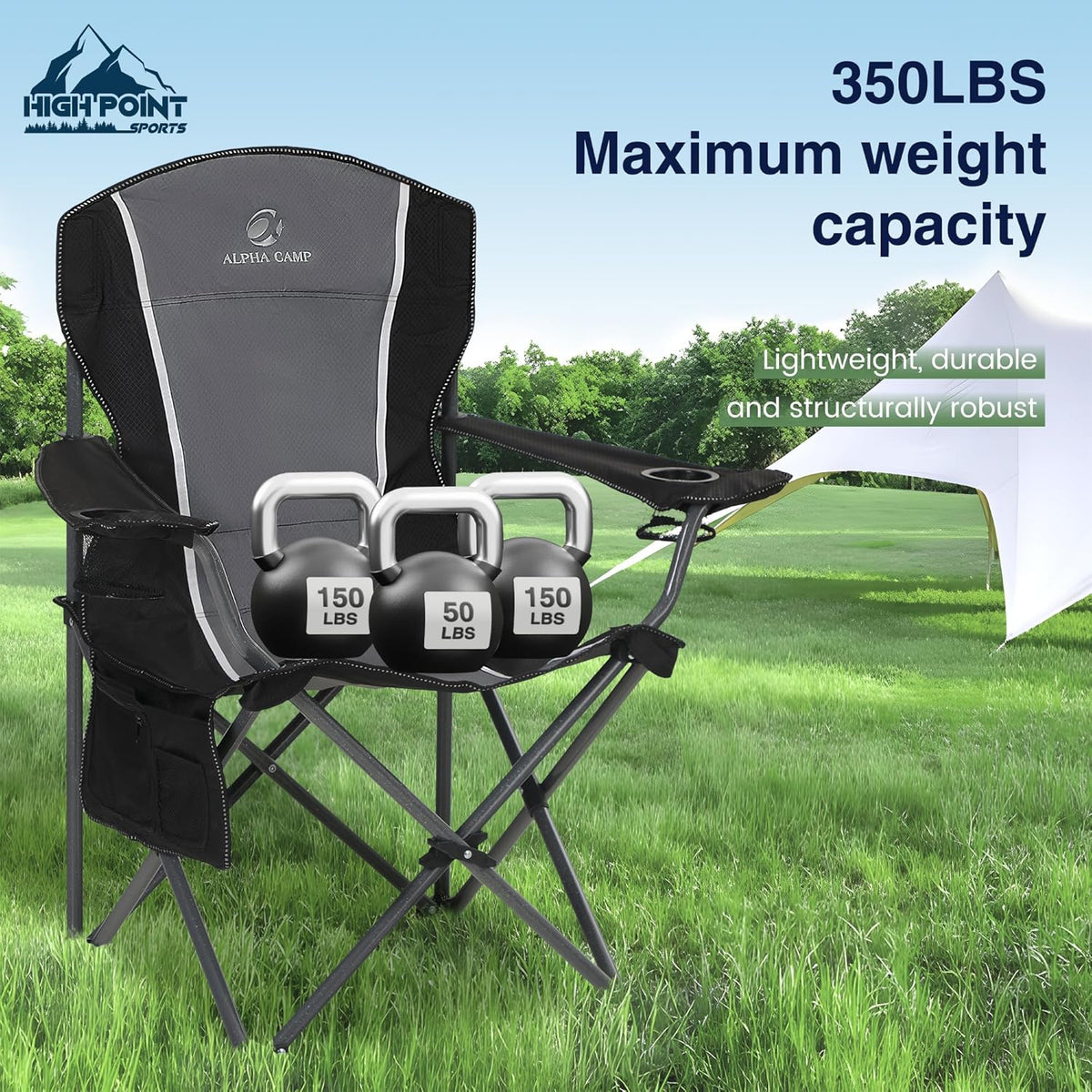 HIGH POINT SPORTS Campingstoel, opvouwbare visstoel, inklapbaar, belastbaar tot 160 kg, klapstoel met armleuning, bekerhouder, stalen frame, draagbare campingstoel, zwart-grijs, 2 stuks