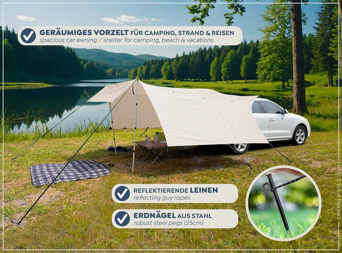 CampAir Autodakluifel met UV50+, zonnezeil met bies voor SUV, auto, bestelwagen en campingbussen, 2000 mm WS, incl. telescoopstangen en dakdragers, zwart, 6 kg