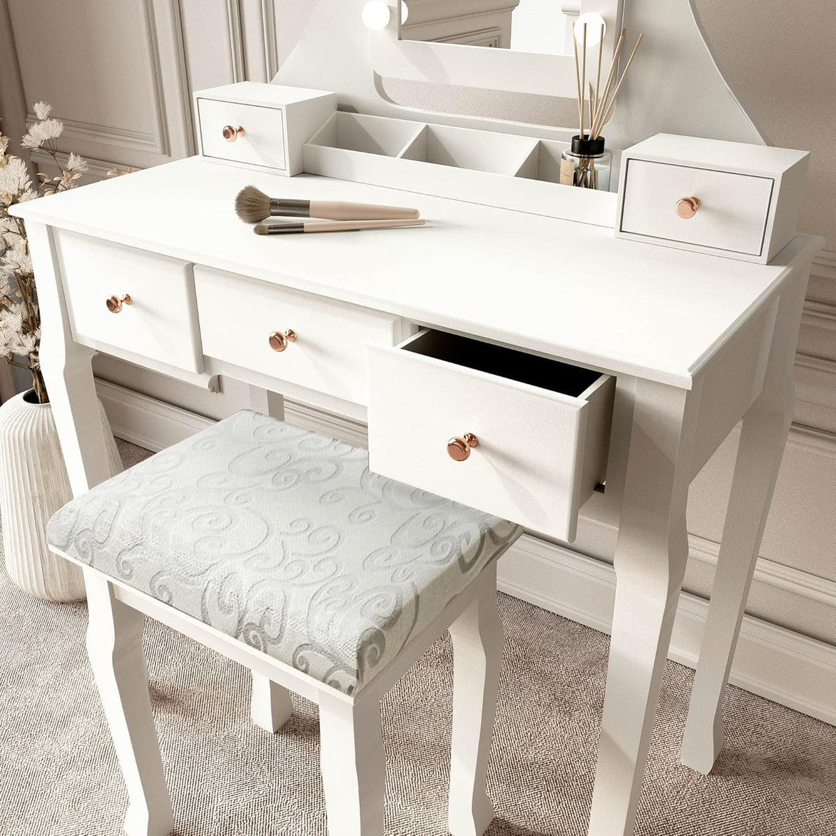 CARME Dressing Table with Mirror LED Lights 5 Drawers Stool Set Makeup Jewelry Organizer Bedroom Furniture - QUORE