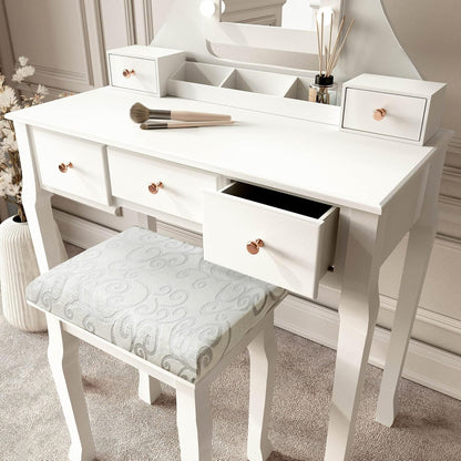 CARME Dressing Table with Mirror LED Lights 5 Drawers Stool Set Makeup Jewelry Organizer Bedroom Furniture - QUORE
