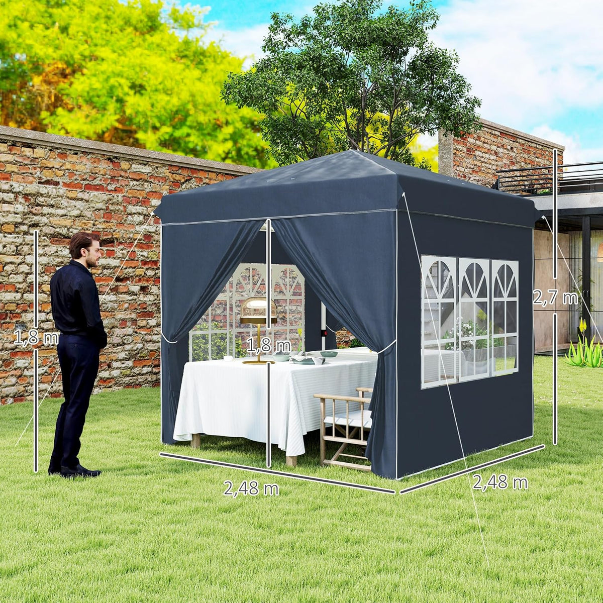 Paviljoen – Partytent – Gazebo – Tuinpaviljoen – Prieel – Opvouwbaar – Waterafstotend – UV-bescherming 50+ – 2,5x2,5 meter – Met 4 zijwanden – Donkerblauw
