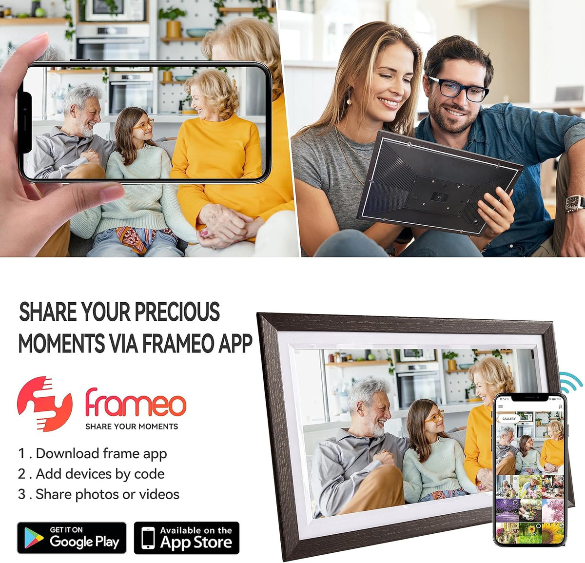 15,6 inch WLAN digitale fotolijst, 1366 x 768 IPS touchscreen, digitale fotolijst, 32G walnoot, deel foto's of video's via de Uhale-app