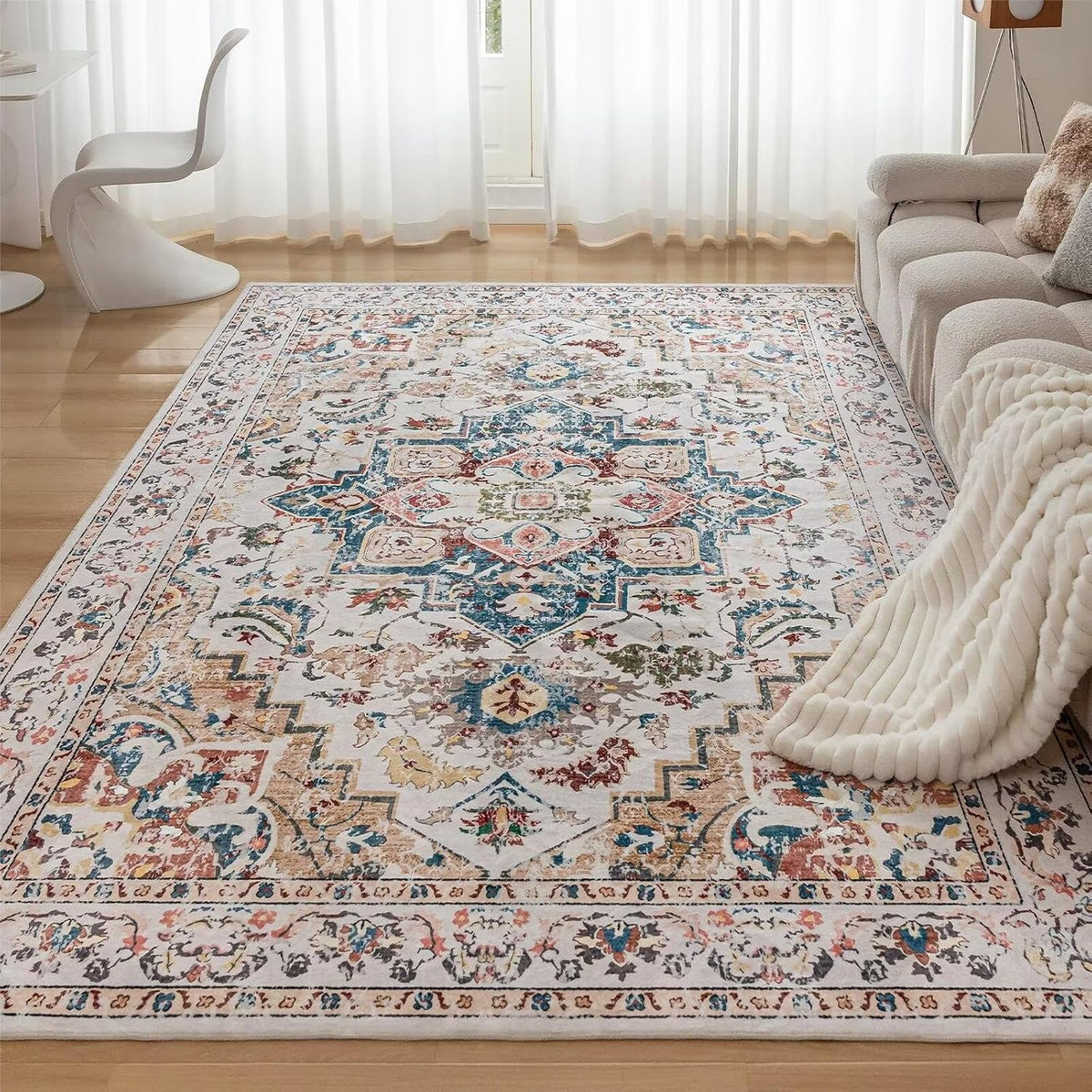 CHOSHOME Tapijten voor de woonkamer en slaapkamer, groot wasbaar laagpolig tapijt, modern vintage klassieke stijlen, antislip boho-stijl, machinewasbaar wol, beige
