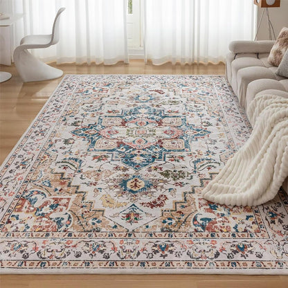 CHOSHOME Tapijten voor de woonkamer en slaapkamer, groot wasbaar laagpolig tapijt, modern vintage klassieke stijlen, antislip boho-stijl, machinewasbaar wol, beige