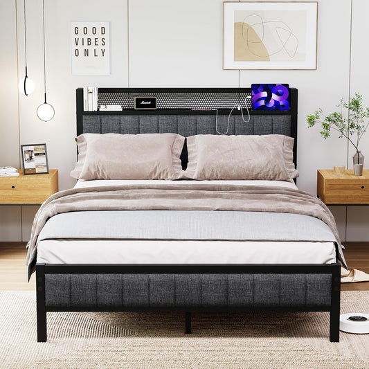 Bed met lattenbodem van metaal, bedframe met hoofdeinde en laadstation (zwart + grijs, 140x200)
