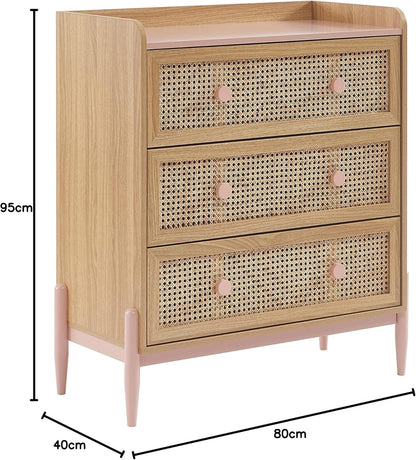 BAÏTA Kindercommode Pablo roze en rotan riet