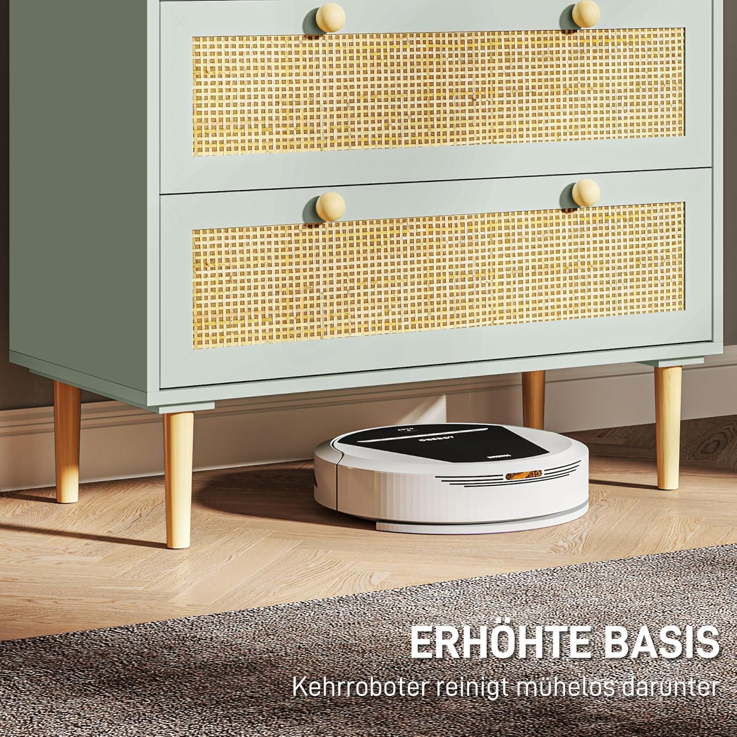 HOMCOM Kommode Beistellschrank mit 3 Schubladen, Sideboard mit Boho-Stil, Rattanoptik, Schubladenkommode für Wohnzimmer, Schlafzimmer, Hellblau 80 x 40 x 87.5 cm - QUORE