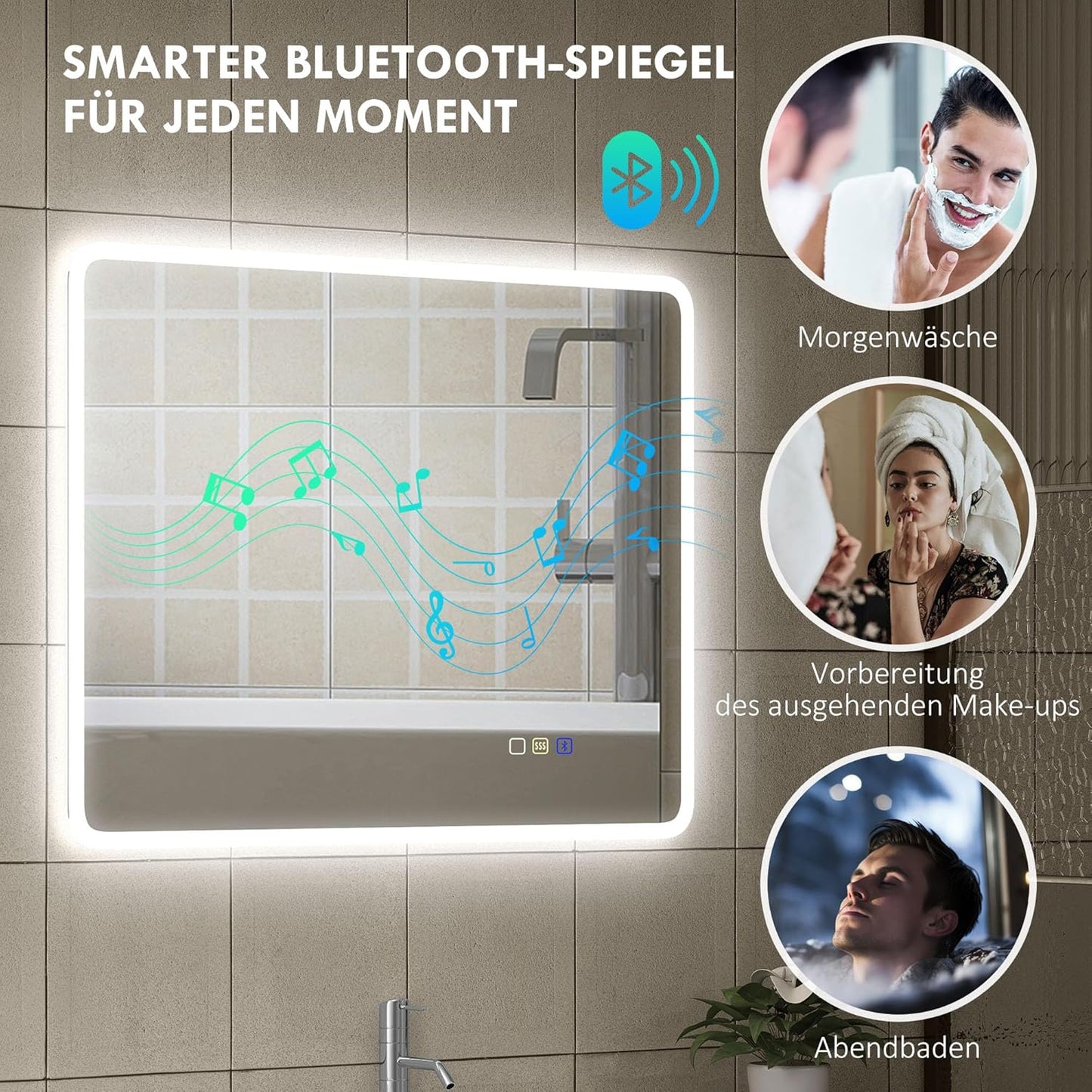 Verlichte Badkamerspiegel – Led Spiegel – Touch Spiegel – Bluetooth Spiegel – Anti-Fog Spiegel – 90x70 cm – Dimbare 3-Kleurige Ledverlichting – Geheugenfunctie