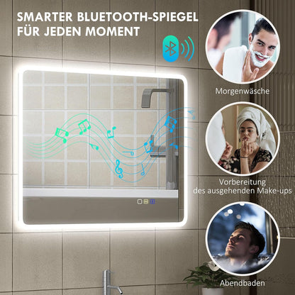 Verlichte Badkamerspiegel – Led Spiegel – Touch Spiegel – Bluetooth Spiegel – Anti-Fog Spiegel – 90x70 cm – Dimbare 3-Kleurige Ledverlichting – Geheugenfunctie