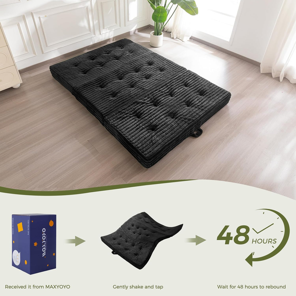 MAXYOYO Opvouwbaar matras 200 * 150 cm, 15 cm gestoffeerd opvouwbaar matras met premium imitatiebont, drievoudig opvouwbare futon slaapbank voor woonkamer/logeerkamer