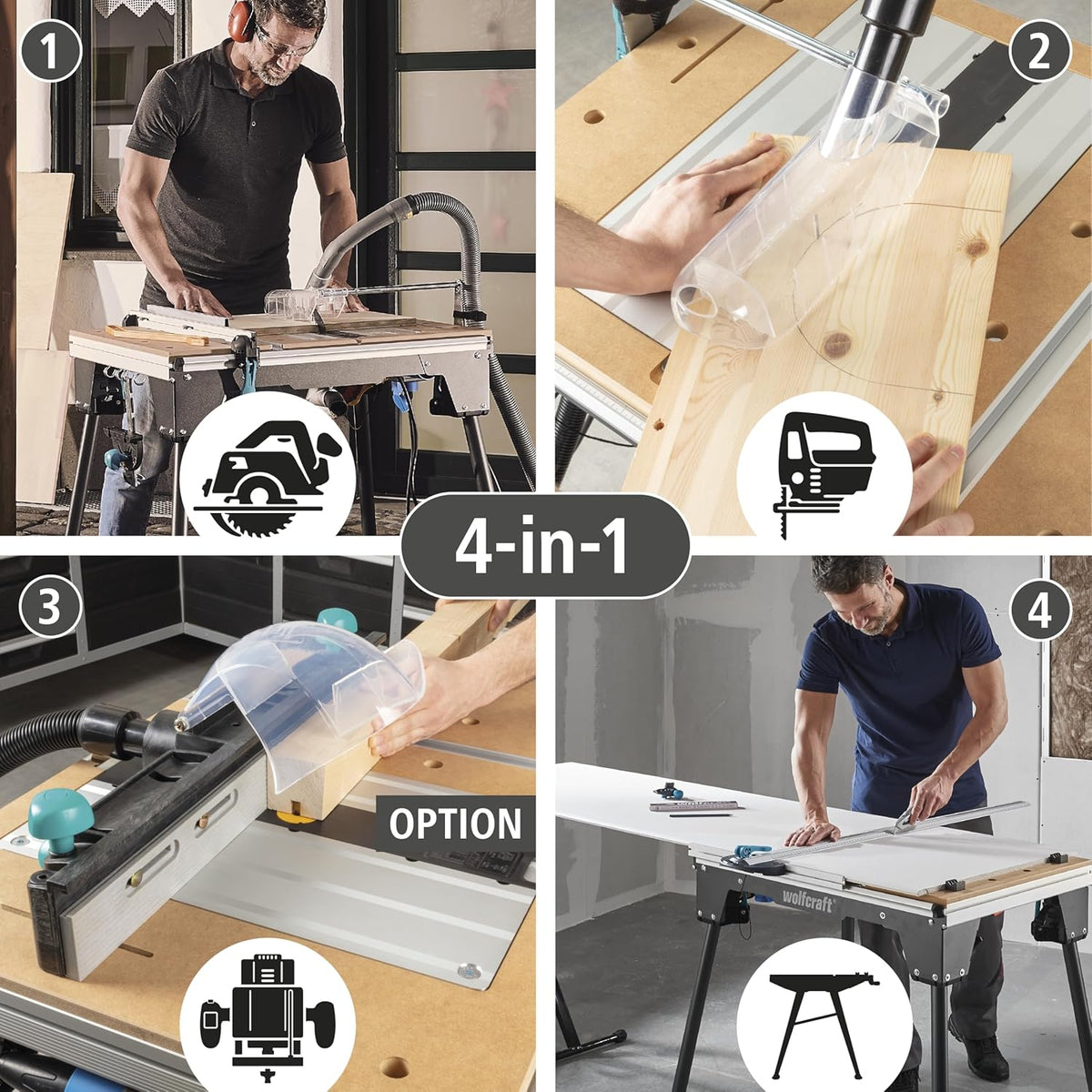 wolfcraft MASTER cut 2200 I 6907000 4-in-1 machinetafel voor gebruik als tafelcirkelzaag, decoupeerzaagtafel, werkstation en optioneel als freestafel