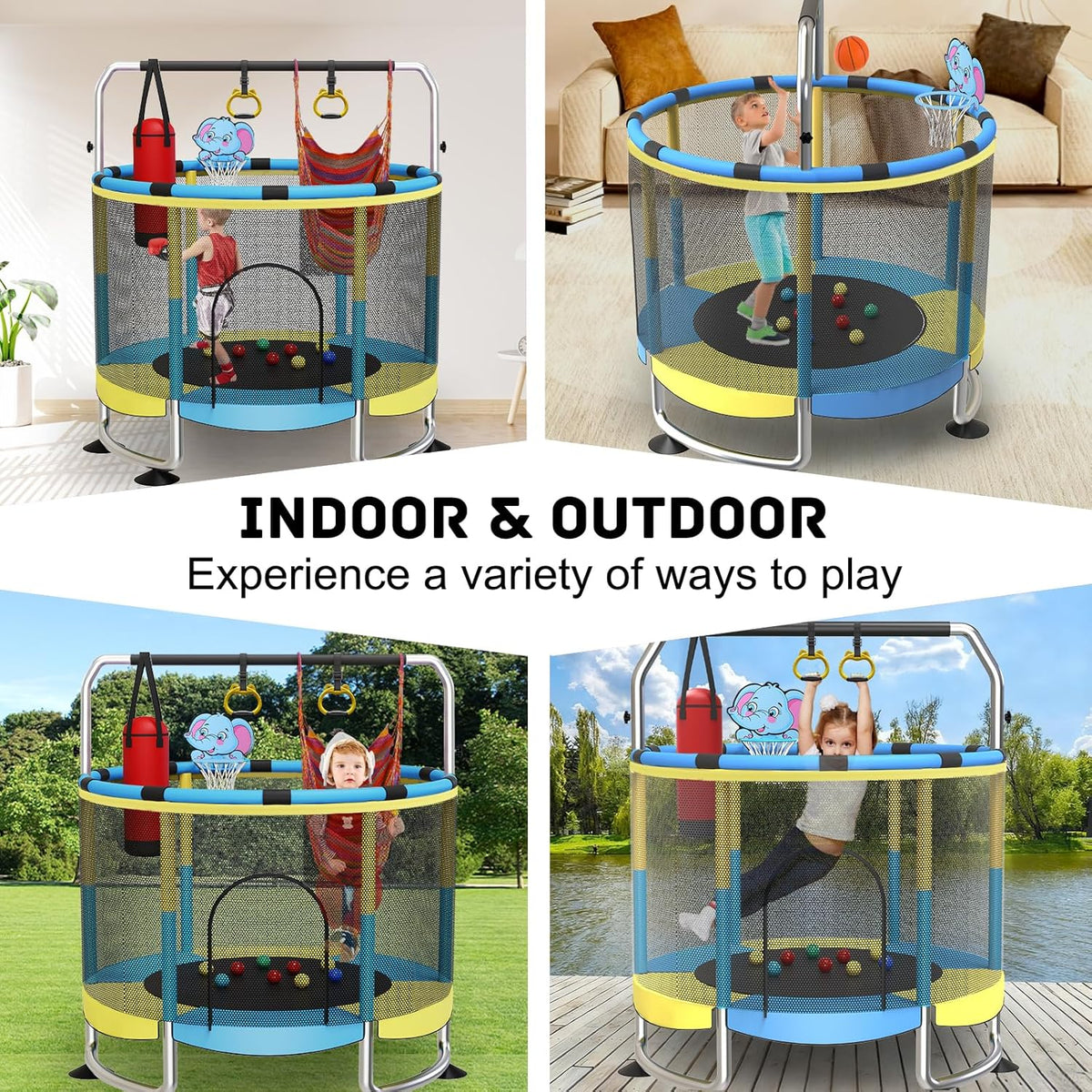 Trampoline voor kinderen, 150 cm, voor binnen en buiten, 200 kg, verstelbaar, met basketbalmand en behuizing, cadeaus voor jongens en meisjes, groen/blauw