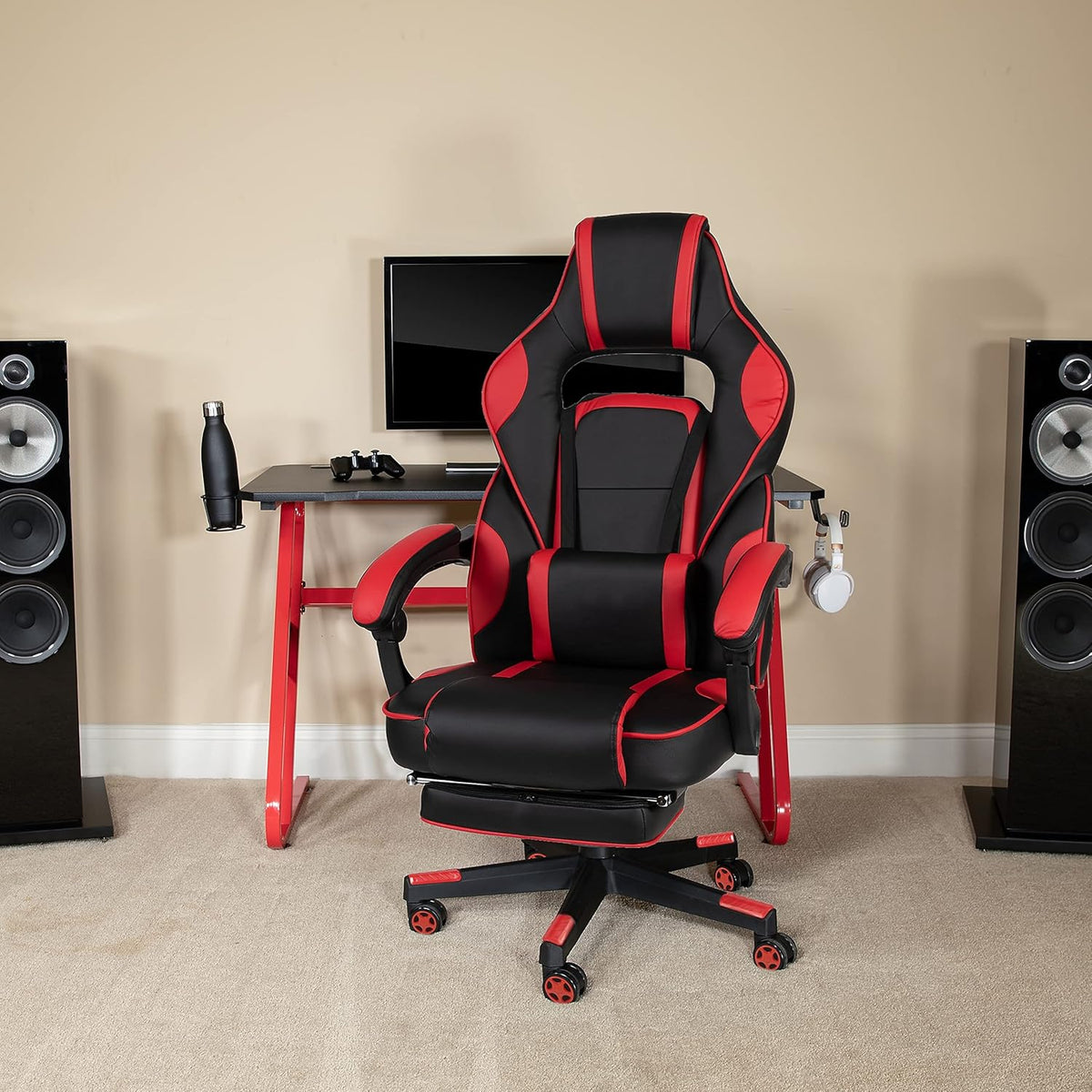 Flash Furniture Gamingstoel met hoge rugleuning, ergonomische bureaustoel met verstelbare armleuningen en voetensteun, perfect als gamestoel en voor thuiskantoor, rood