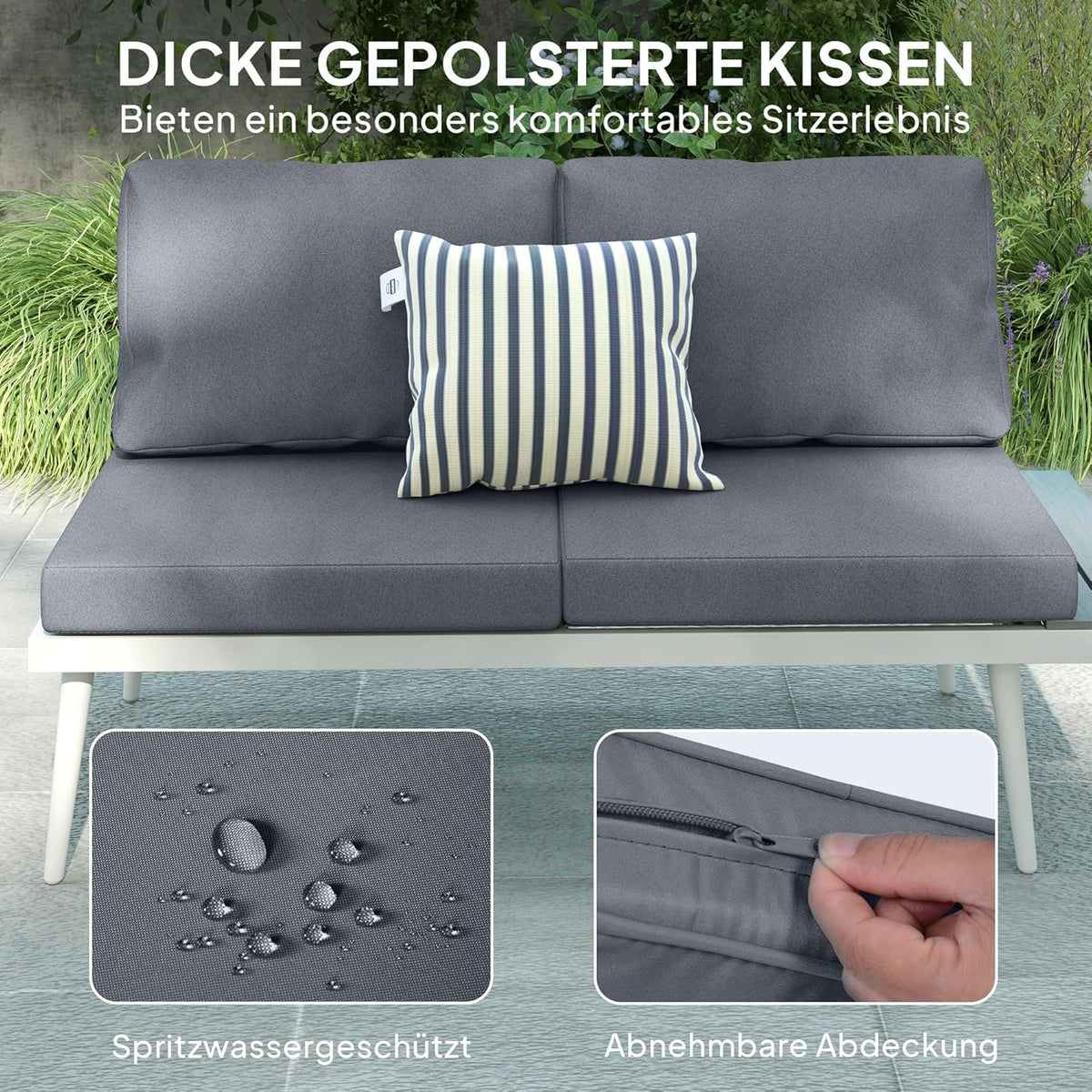 Outsunny Gartenmöbel Set 4 Persons wetterfest Balkonmöbel-Set mit 2er Sofa, Kissen Beistelltisch Stahl Outdoor Sitzgruppe Terrassenmöbel Gartengarnitur Gartenlounge für Garten Terrasse Grau