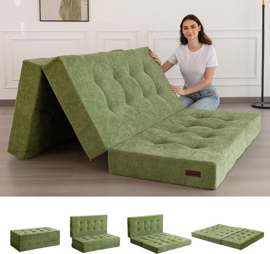 MAXYOYO Opvouwbare Matras Eenpersoons, 15 cm Comfortabele Opvouwbare Matras Met Chenille-Stof, Driekwijd Vloer Futon Bank Bed Voor Gast, Vouwmatras Topper Voor Camping, Lichtgroen, Enkel