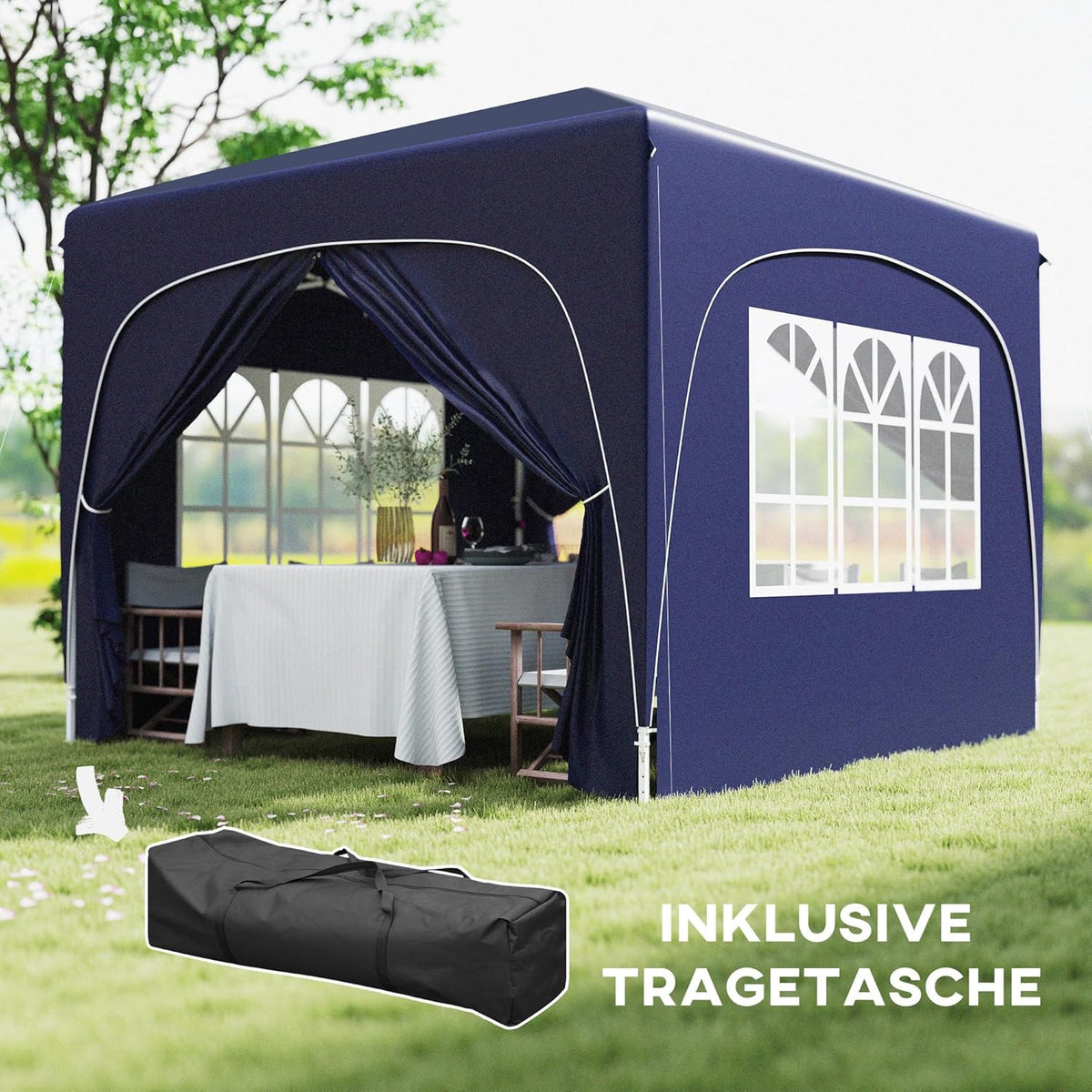 Outsunny Pavillon 3x3m, wasserabweisend Stabil Winterfest Pop-up Faltpavillon, UV Schutz 50+, Faltbar Partyzelt Gartenzelt mit 4 Seitenteilen Tasche Gartenpavillon für Camping Garten, Dunkelblau - QUORE