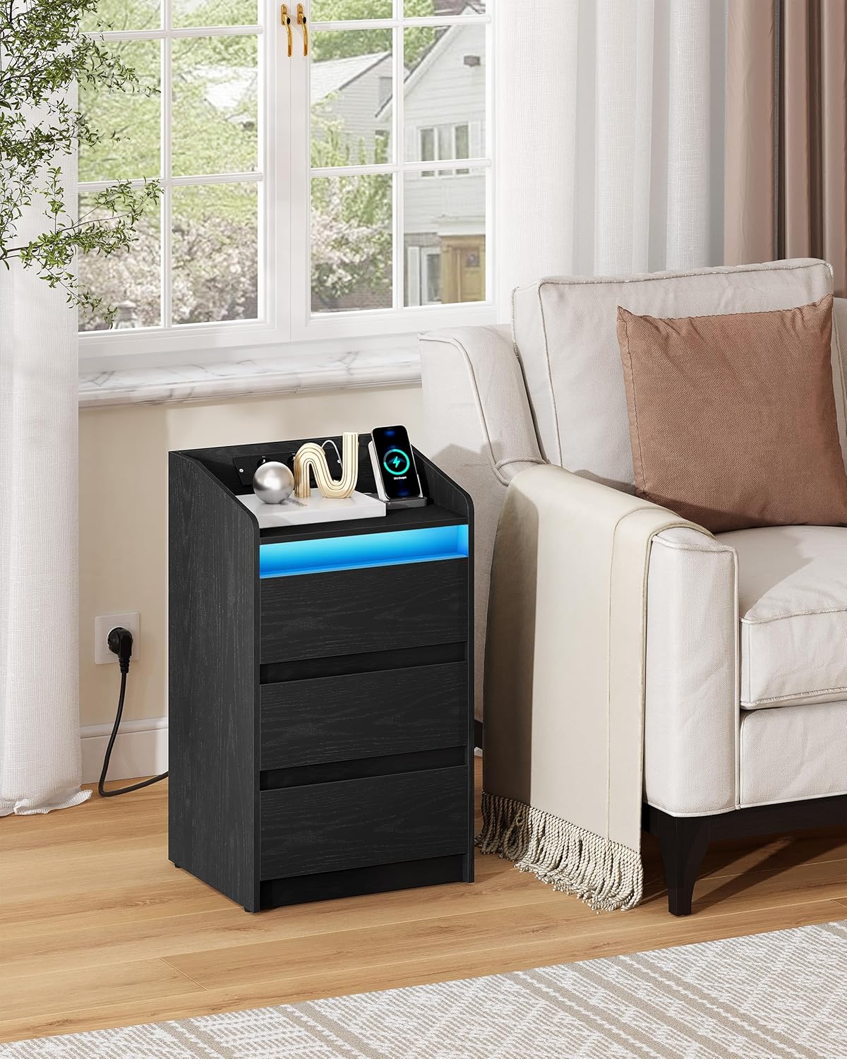 Hzuaneri Bedside Table Set of 2 with 3 Drawers, Side Table with Charging Base and LED, 2 AC Outlets and 2 USB Ports for Bedroom, Living Room, Black NS40104X